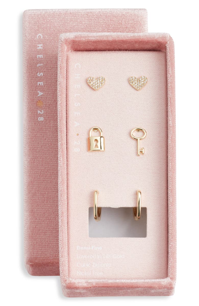 Chelsea28 Set of 3 Demi Fine Stud & Huggie Hoop Earrings, Main, color, Clear- Gold