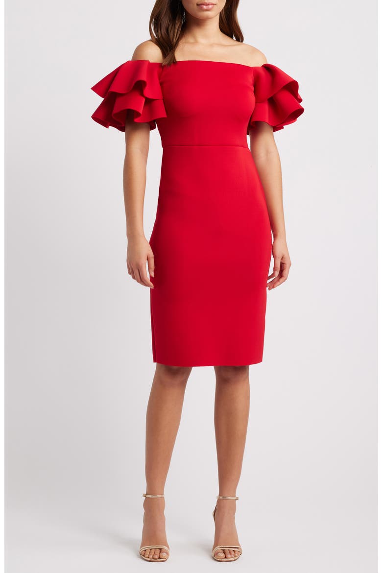 Ruffled Off-the-Shoulder Cocktail Dress, Main, color, CHERRY
