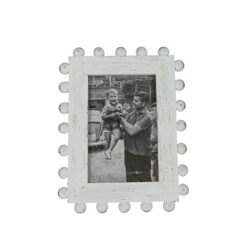 4x6 Belle Rustic White Wood Ball Accents Photo Picture Frame w/ Glass Pane