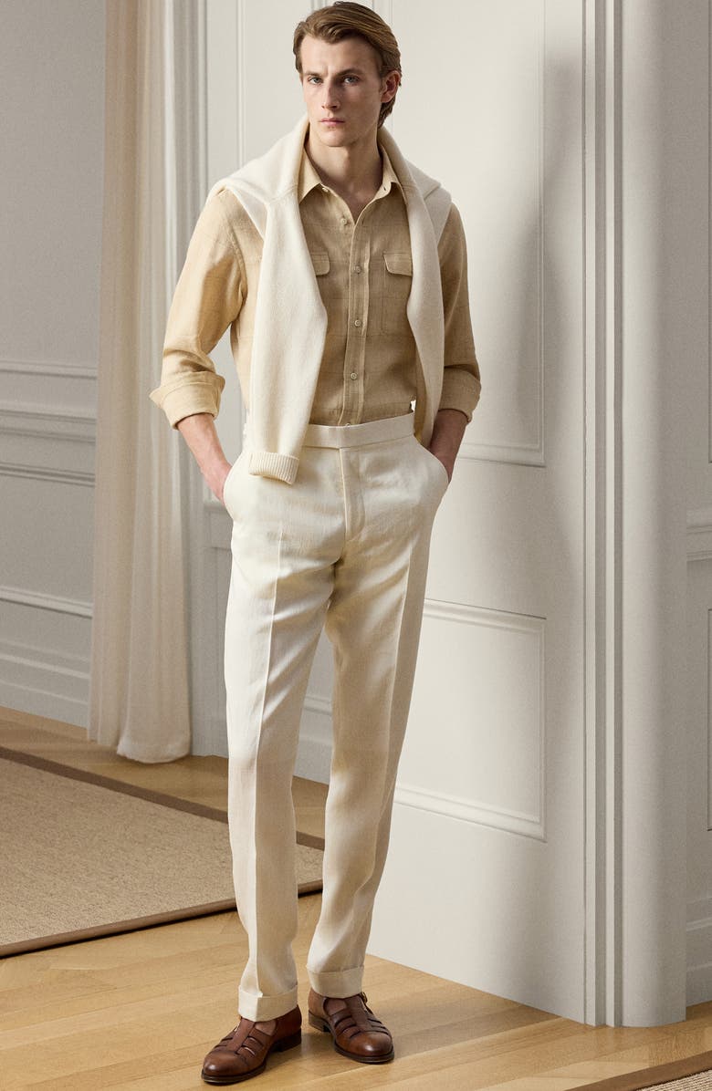 Ralph Lauren Purple Label Windowpane Plaid Linen & Silk Blend Button-Up Shirt, Alternate, color, Classic Tan