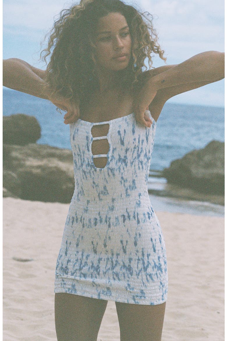 Conchita Smocked Strapless Cover-Up Minidress, Alternate, color, SKY DREAM