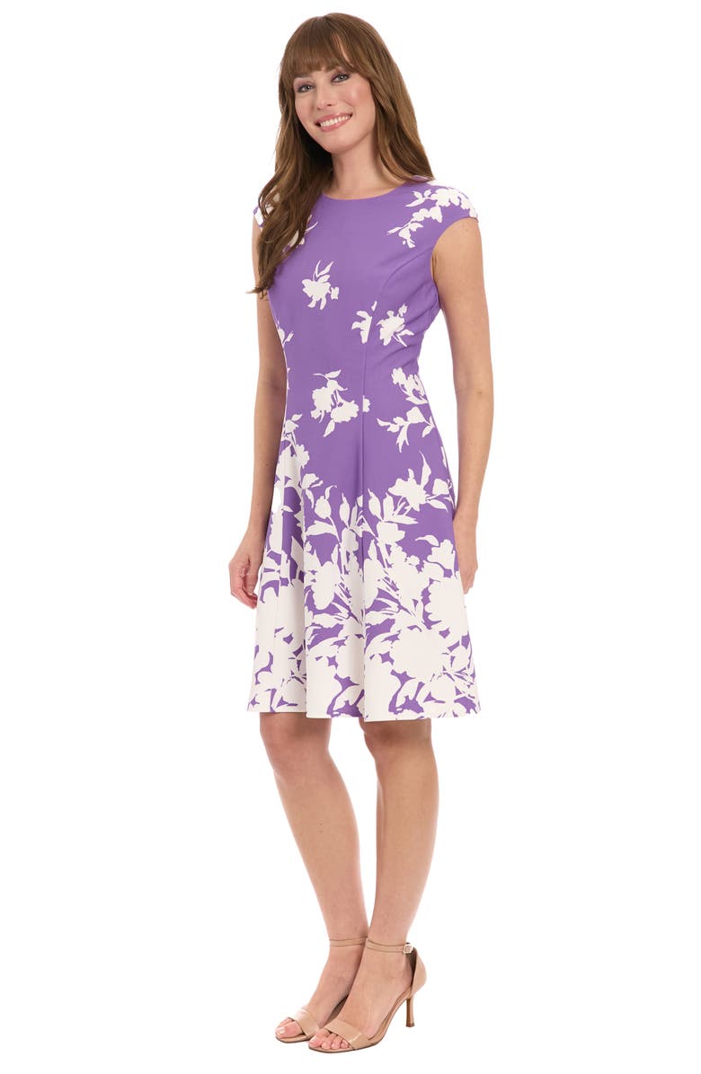 London Times Monotone Floral Print Fit and Flare Dress, Alternate, color, Deep Purple/ Ivory