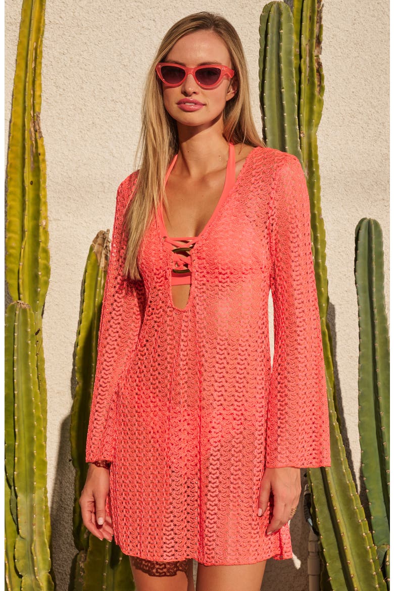 Metallic Long Sleeve Sheer Cover-Up Dress, Alternate, color, DRAGON FIRE