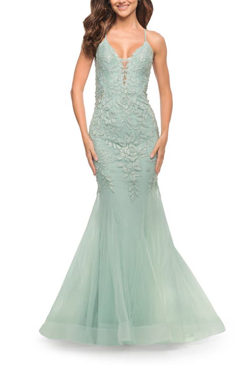 Mermaid Tulle and Lace Jeweled Prom Dress