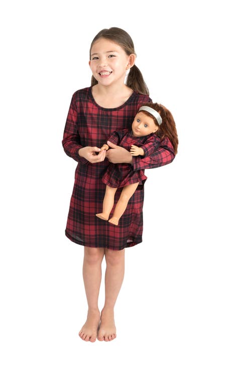 Girls Long Sleeve Nightgown with Matching Doll Nightgown, Printed Design