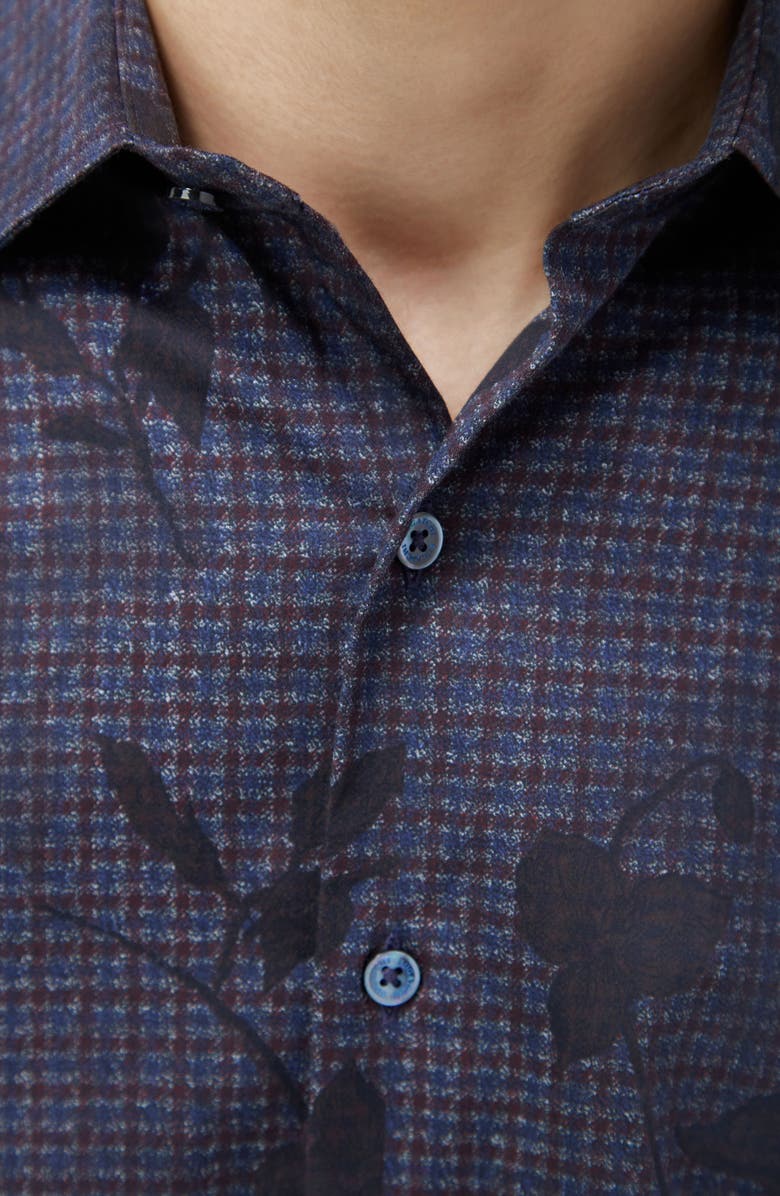 Bugatchi Julian Shaped Fit Leaf Print Lyocell Button-Up Shirt, Alternate, color, Plum