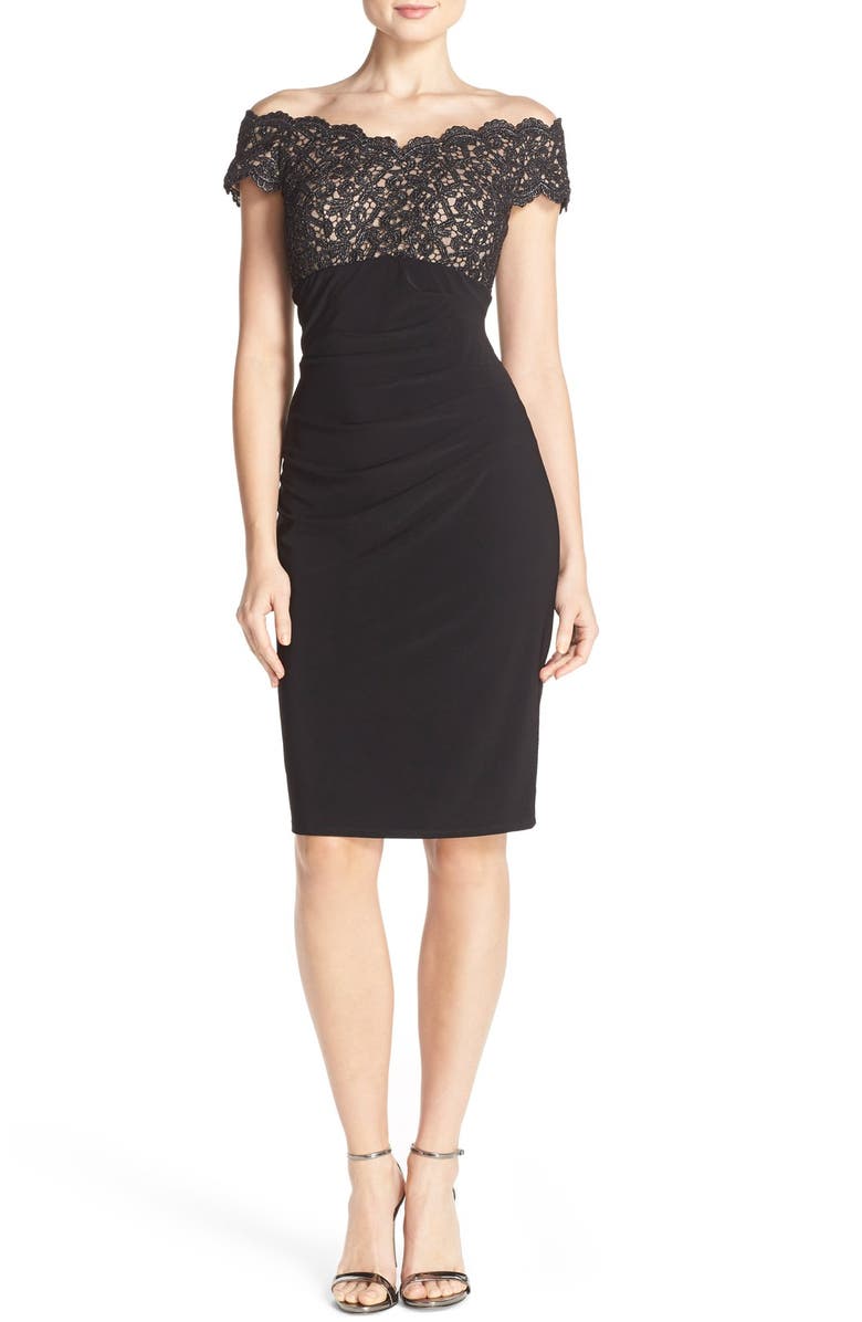 Xscape Evenings Xscape Lace & Jersey Off the Shoulder Sheath Dress, Alternate, color, 