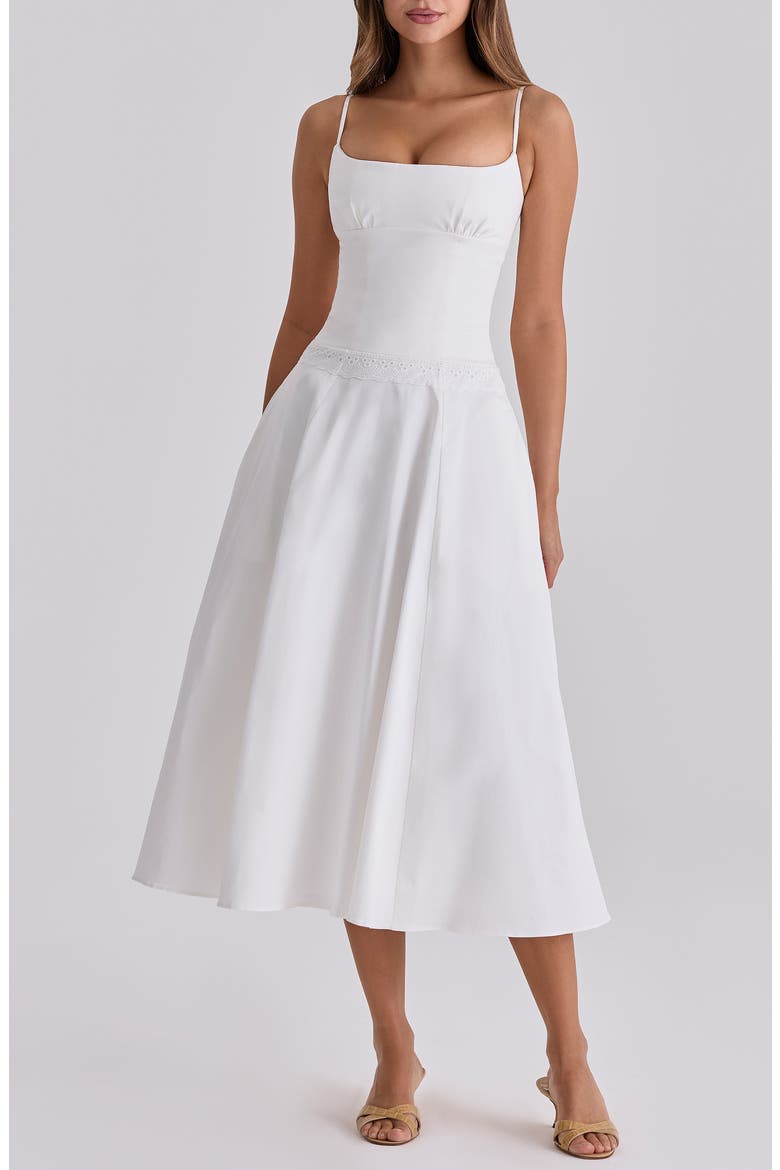 Liora Eyelet Trim Cotton Midi Dress, Main, color, WHITE