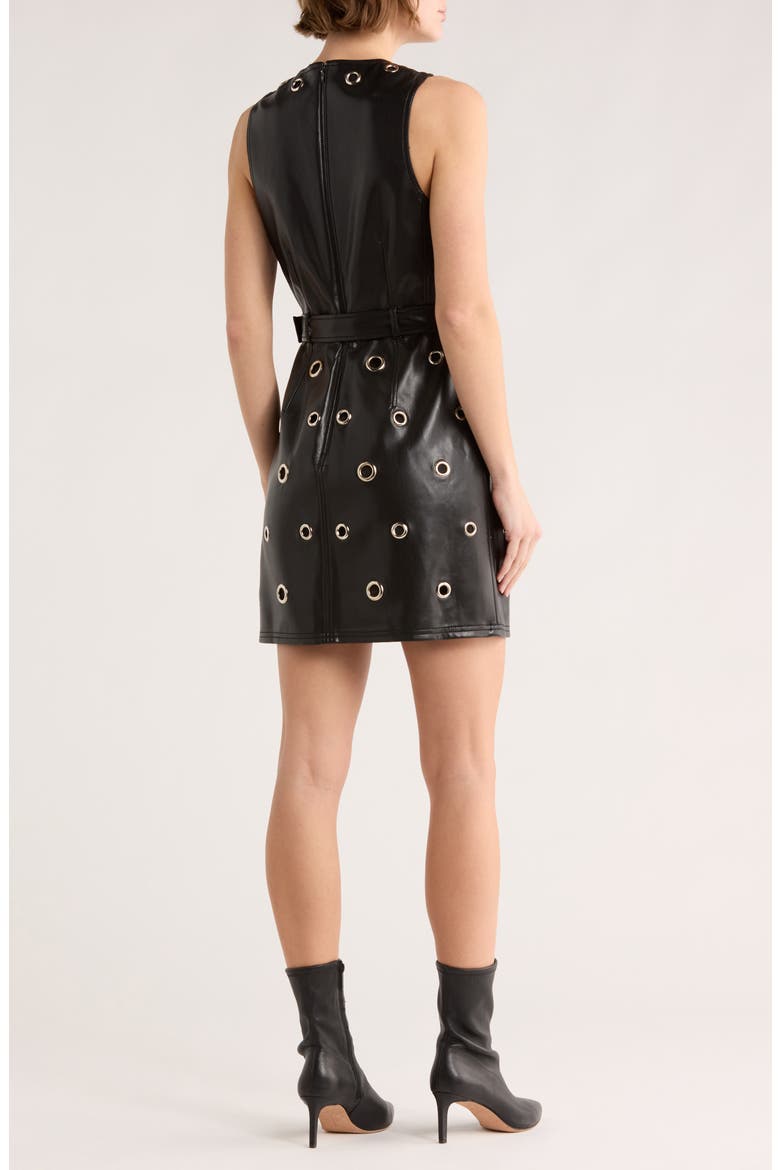 Harriet Grommet Belted Faux Leather Dress, Alternate, color, BLACK