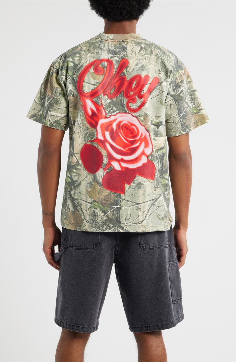 Obey Airbrushed Rose Logo Camouflage T-Shirt, Alternate, color, Leaf Camo