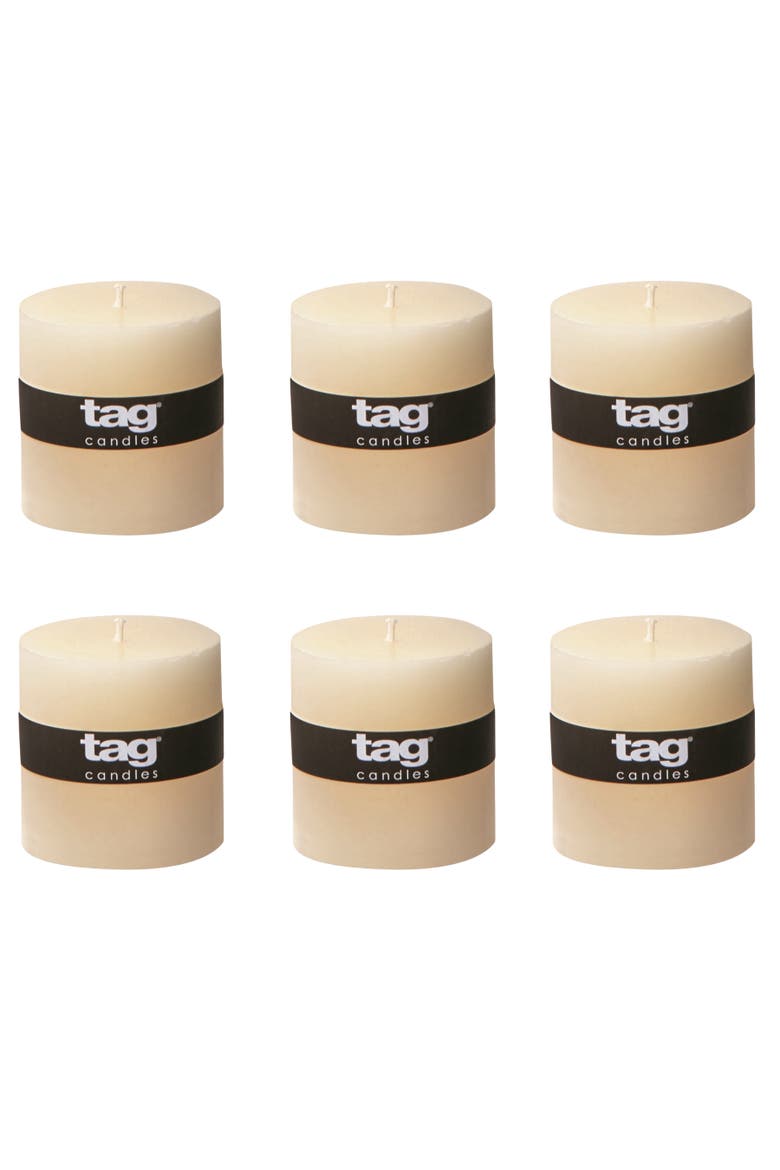 Chapel Ivory Pillar Candles Unscented Drip-Free Set of 6, Main, color, Beige