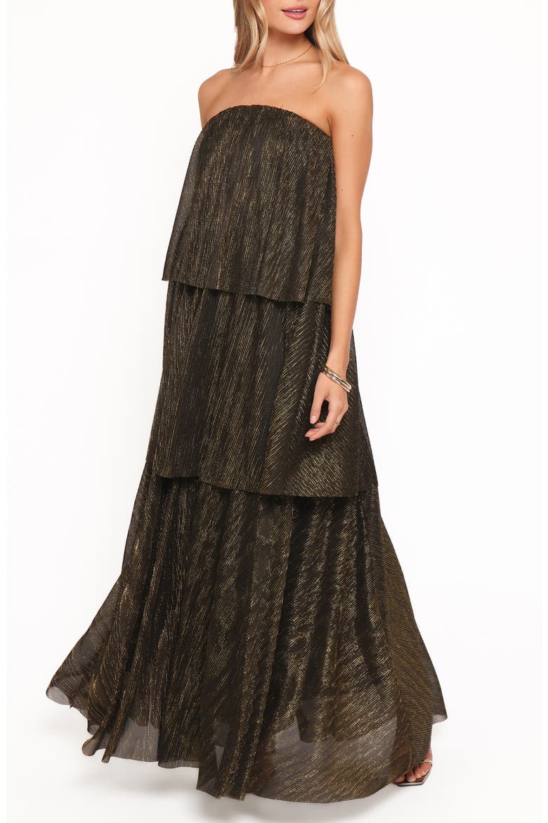 Bloom Tiered Strapless Maxi Dress, Alternate, color, BLACK
