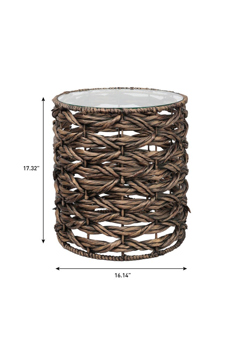 Malaya Bohemian Handwoven Round End Table with Glass Top, Fully Assembled Open Weave Accent Side Table, Alternate, color, Brown