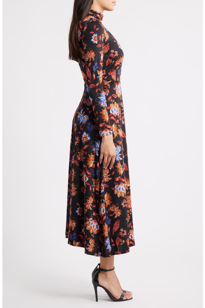 Floral Mock Neck Long Sleeve Midi Dress, Alternate, color, BLACK MULTI