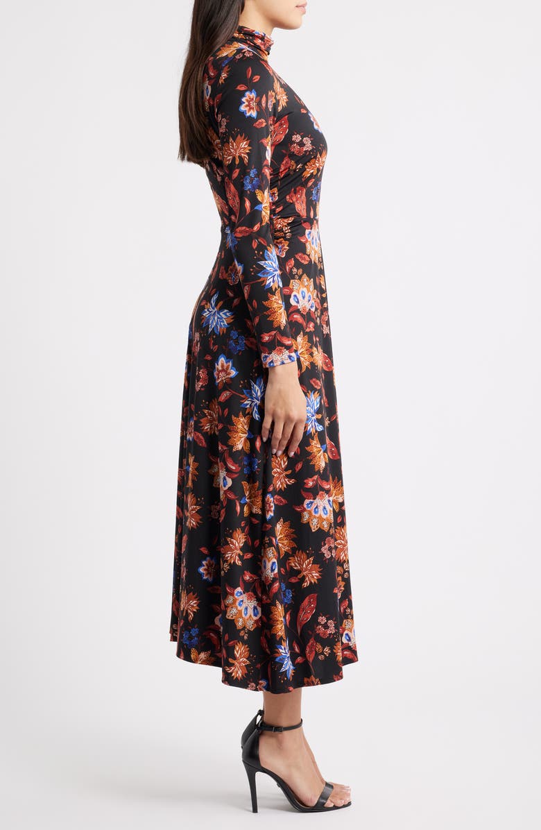 Julia Jordan Floral Mock Neck Long Sleeve Midi Dress, Alternate, color, Black Multi