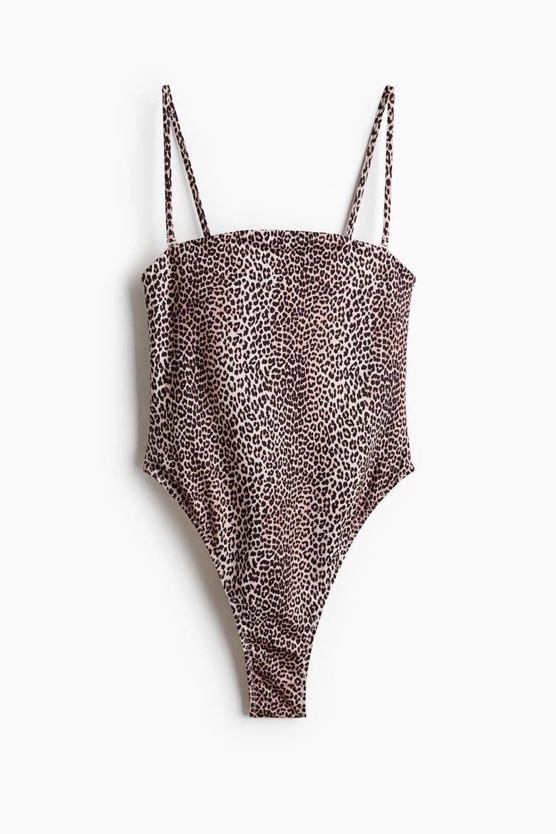 Padded-cup Bandeau Swimsuit, Alternate, color, Light beige/leopard print