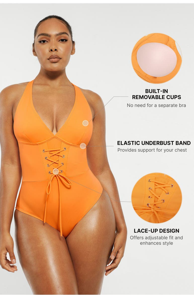 Shapellx Plunge Lace-Up Corset Shaping One Piece Swimsuit, Alternate, color, Matte Black