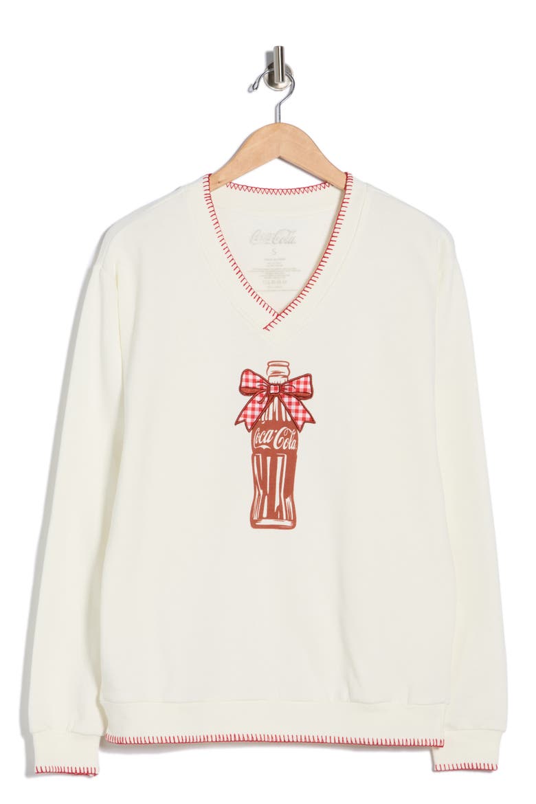 Coca Cola Plaid Bow Christmas Sweatshirt, Alternate, color, MARSHMALLOW