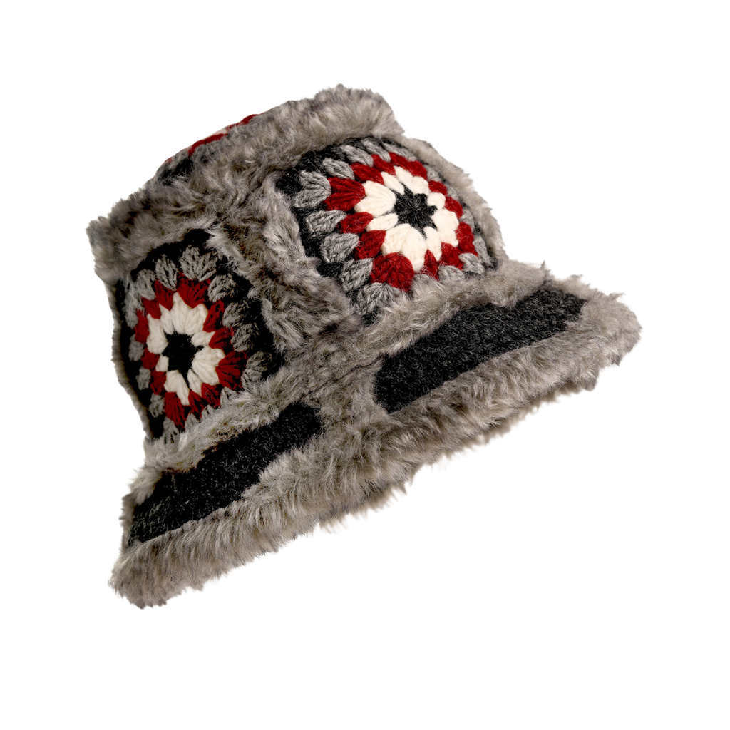Nirvanna Designs Crochet Sun Hat With Fur Piping In Charcoal