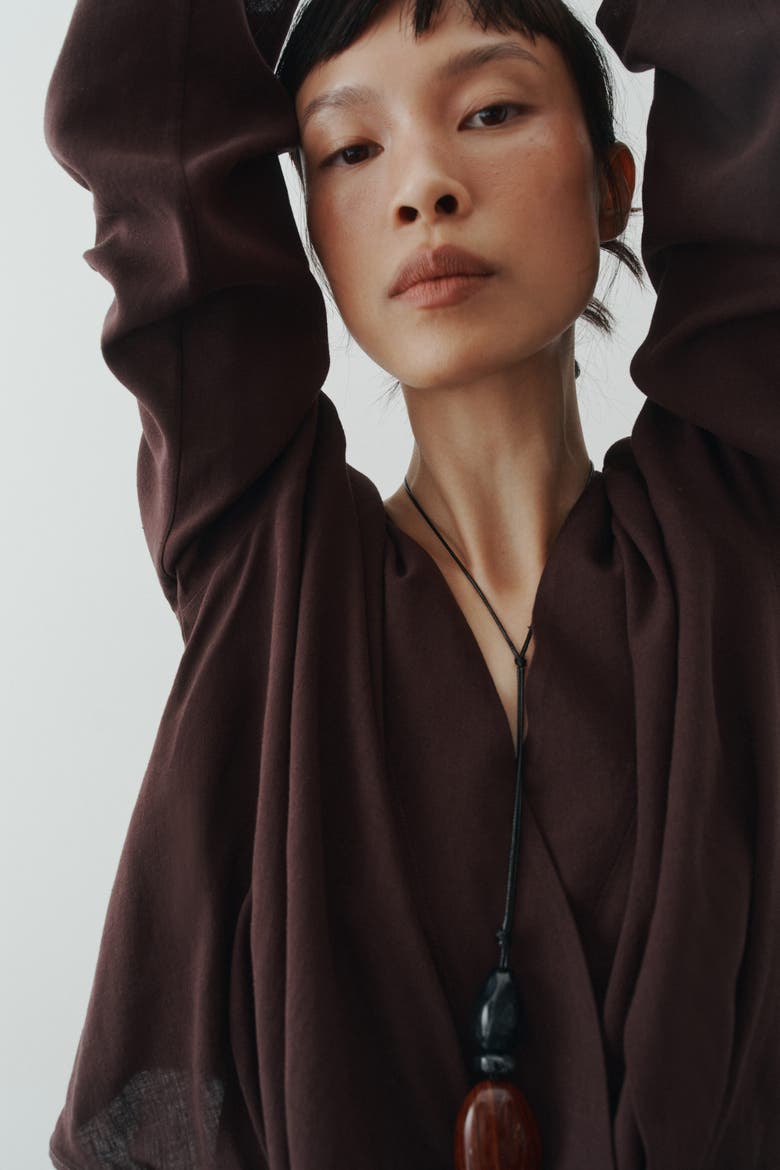 Linen-blend Wrap Blouse, Alternate, color, Dark brown