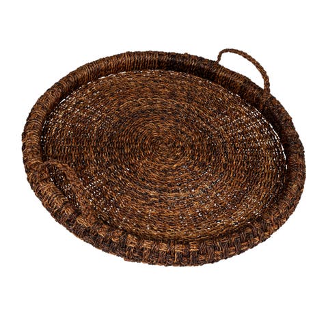 Artisanal Bankuan Braided Tray with Handles, Dark Brown
