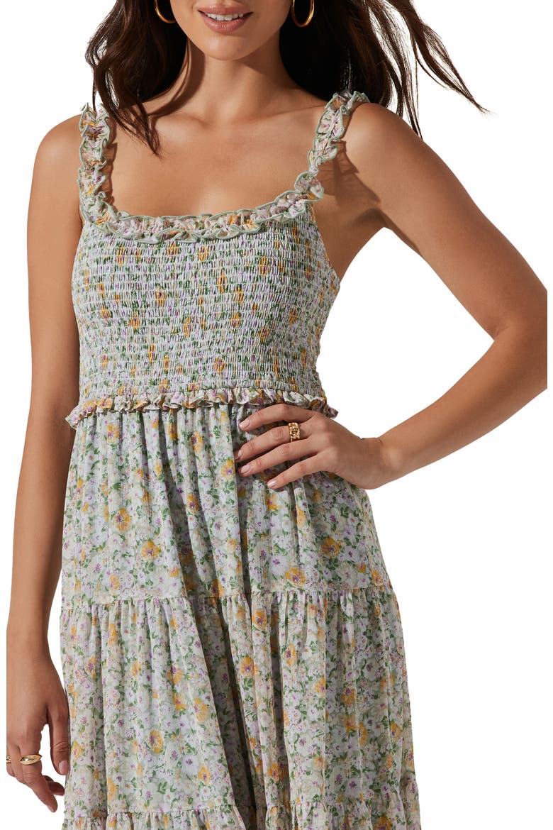 Floral Smocked Tiered Midi Dress, Alternate, color, LILAC GREEN FLORAL