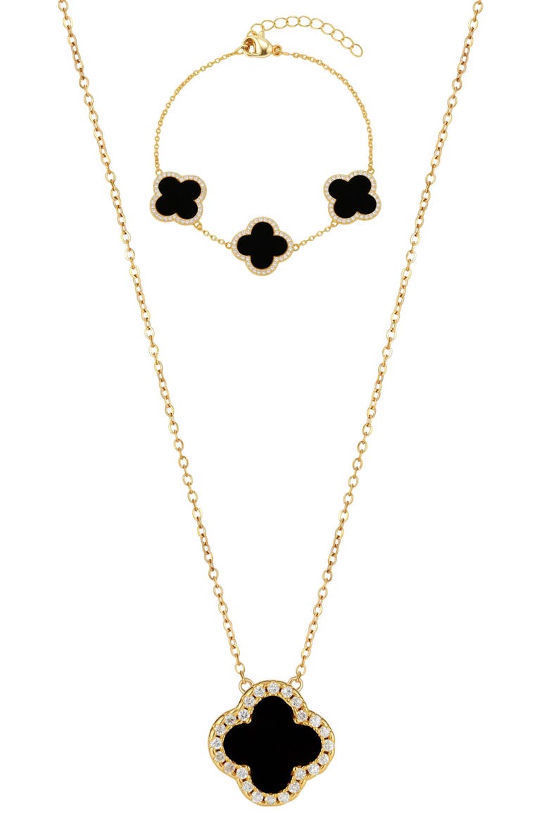18k Gold Plated Cubic Zirconia Halo Set of 2 Necklace & Bracelet, Main, color, BLACK/ GOLD