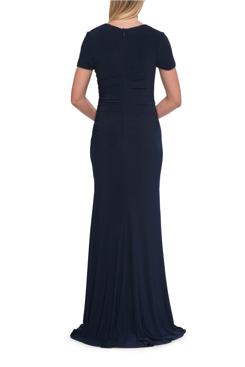 Short Sleeve Jersey Gown with Sweetheart Neckline and Ruching, Alternate, color, Navy
