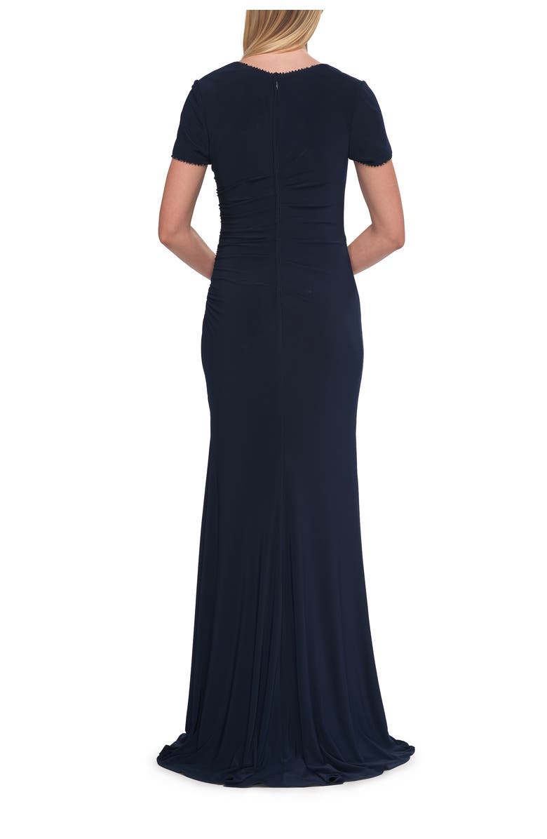 La Femme Short Sleeve Jersey Gown with Sweetheart Neckline, Alternate, color, Navy