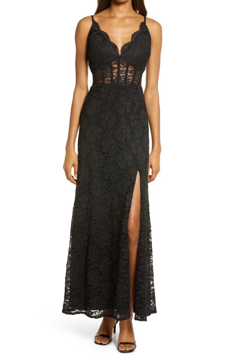 Corset Lace Sleeveless Gown, Main, color, BLACK