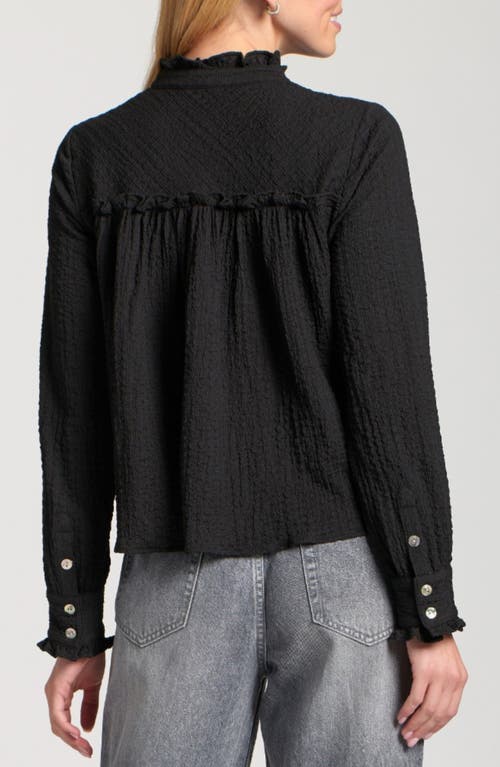 Apny Ruffle Long Sleeve Crop Button-up Shirt In Black