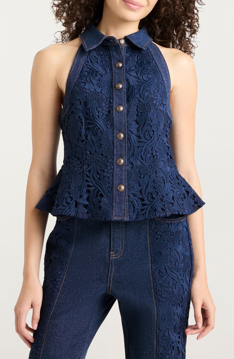 Cinq à Sept Ronin Lace & Denim Top, Main, color, Navy/Oceane