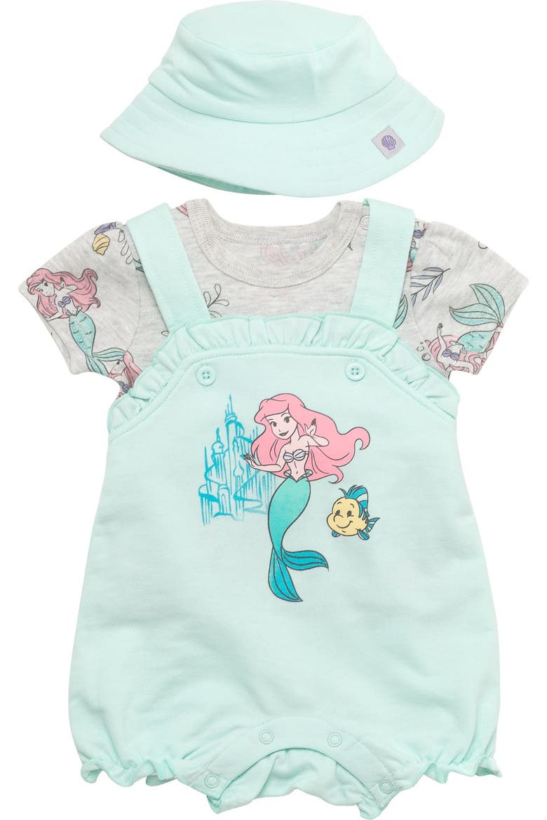 The Little Mermaid Princess Ariel Bubble Shortall Tee and Hat Set, Alternate, color, Ariel Flounder Aqua