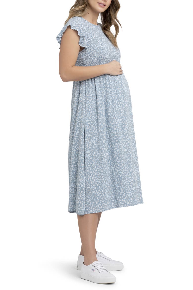 Ava Floral Shirred Midi Maternity Dress, Alternate, color, PETROL / WHITE