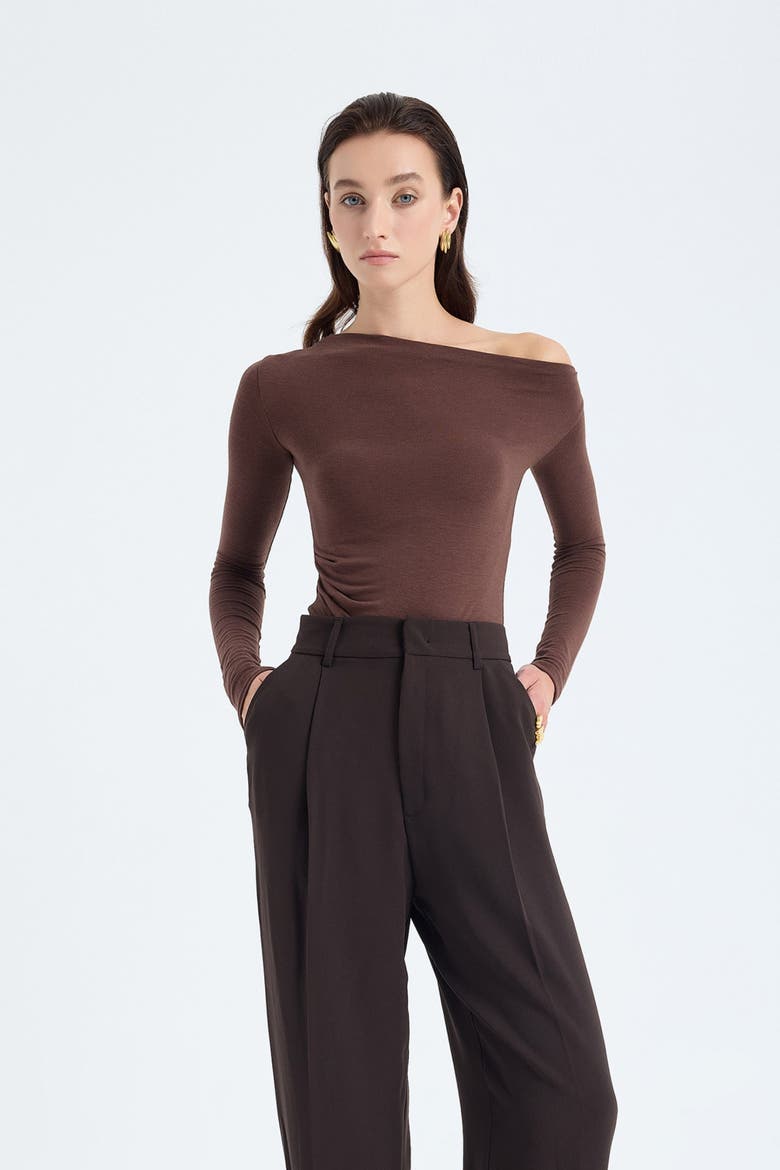 Aura One-Shoulder Draped Stretch Top, Alternate, color, Brown