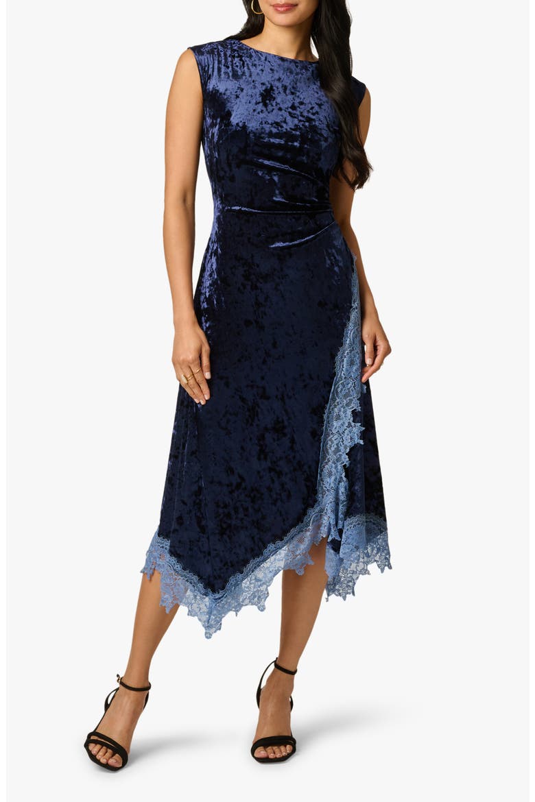 Crushed Velvet & Lace Midi Dress, Main, color, NAVY PEONY