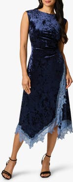 Adrianna Papell Crushed Velvet & Lace Midi Dress
