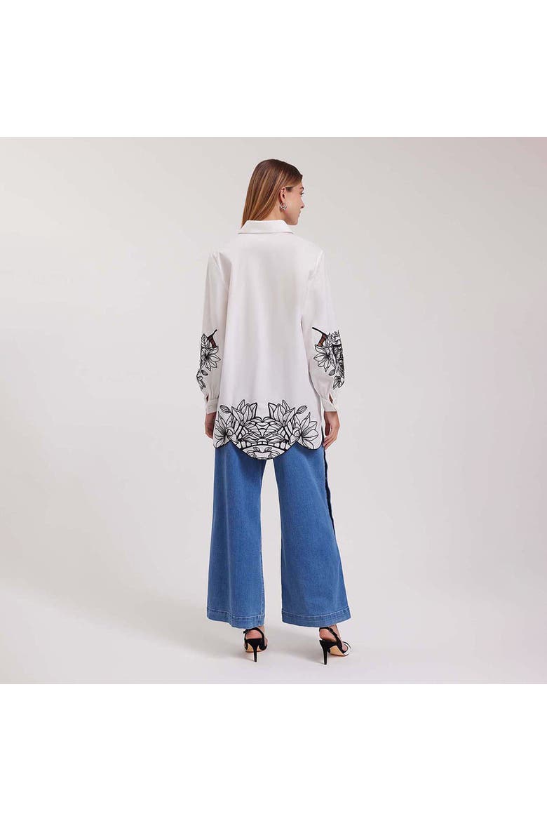 Women's Shirt  Leonie White Long Sleeve Cotton Poplin Shirt With Black Embroidered Flowers, Alternate, color, Black/White
