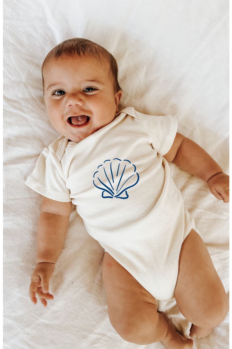 Seashell Organic Cotton Baby Bodysuit, Alternate, color, Natural with Nautical Blue