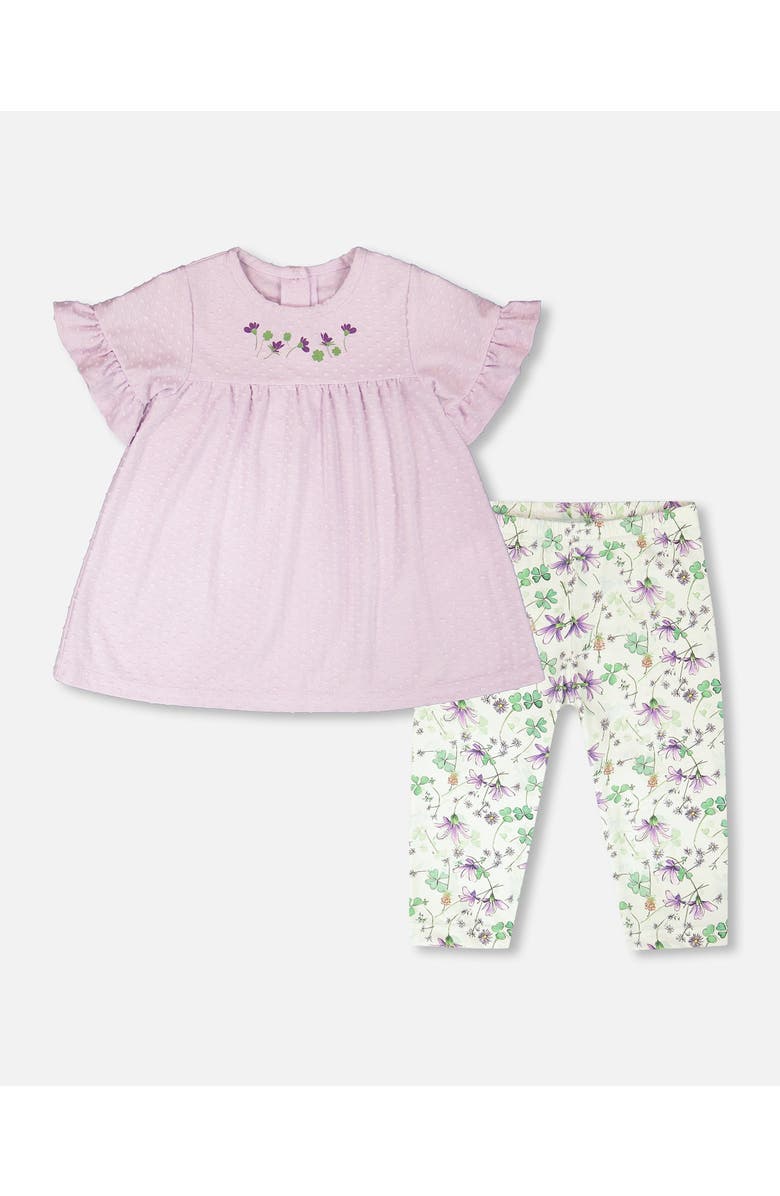 Deux par Deux Jersey Tunic and Cotton Capri Flowers Set, Main, color, Lavender And Green Flowers