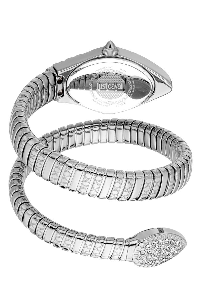 Just Cavalli Snake Wraparound Bracelet Watch, 20mm x 34.5mm, Alternate, color, Silver