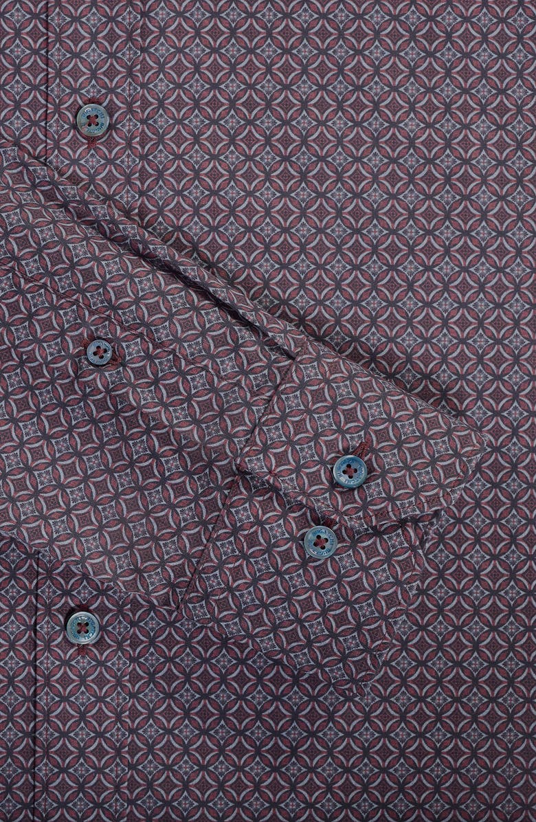 Bugatchi Axel Trim Fit Geo Print Stretch Cotton Button-Up Shirt, Alternate, color, Burgundy