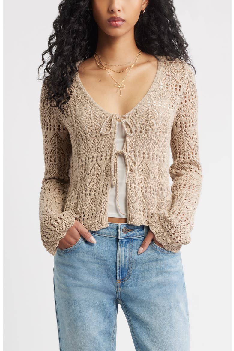 Fly Away Tie Front Crochet Cardigan, Main, color, TAN SAVANNAH