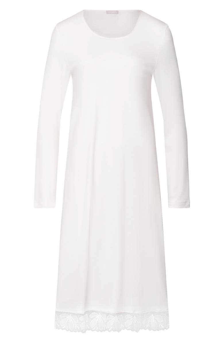 Hanro Kalea Floral Tulle Trim Cotton Nightgown, Alternate, color, Off White