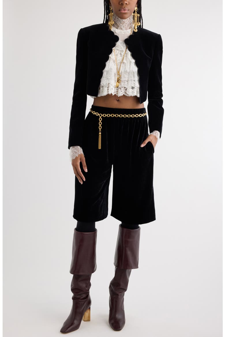 Scalloped Open Front Velveteen Crop Jacket, Alternate, color, BLACK