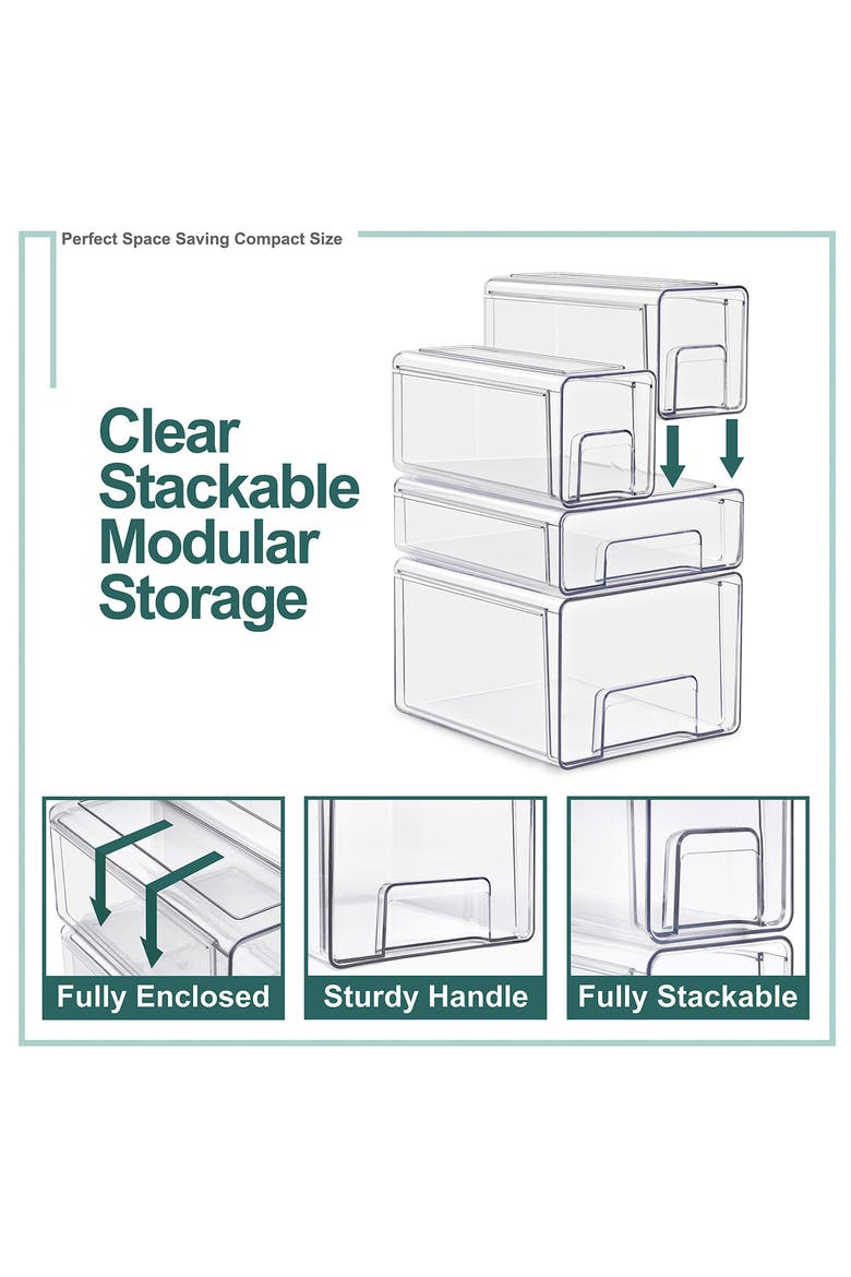 Set of 3 Stackable Storage Drawers, Alternate, color, CLEAR