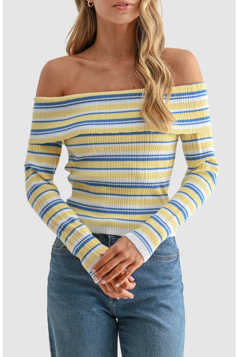 Off the Shoulder Striped Ribbed Top, Main, color, BLUE YELLOW
