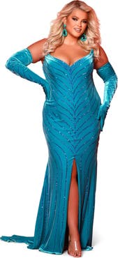 Johnathan Kayne for Sydney's Closet Velvet Cat-Eye Bodice Plus Size Evening Gown