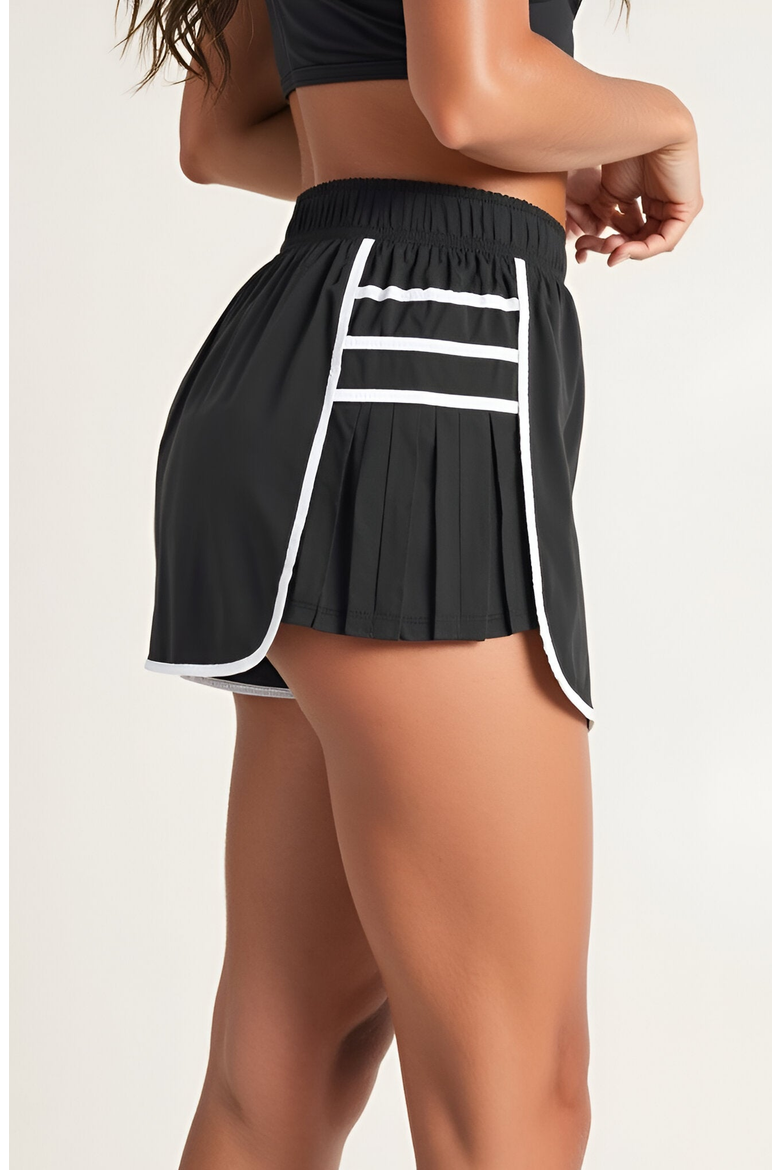 Athletic Pleated Contrast-Trim Stretch-Waistband Running Shorts, Alternate, color, Black