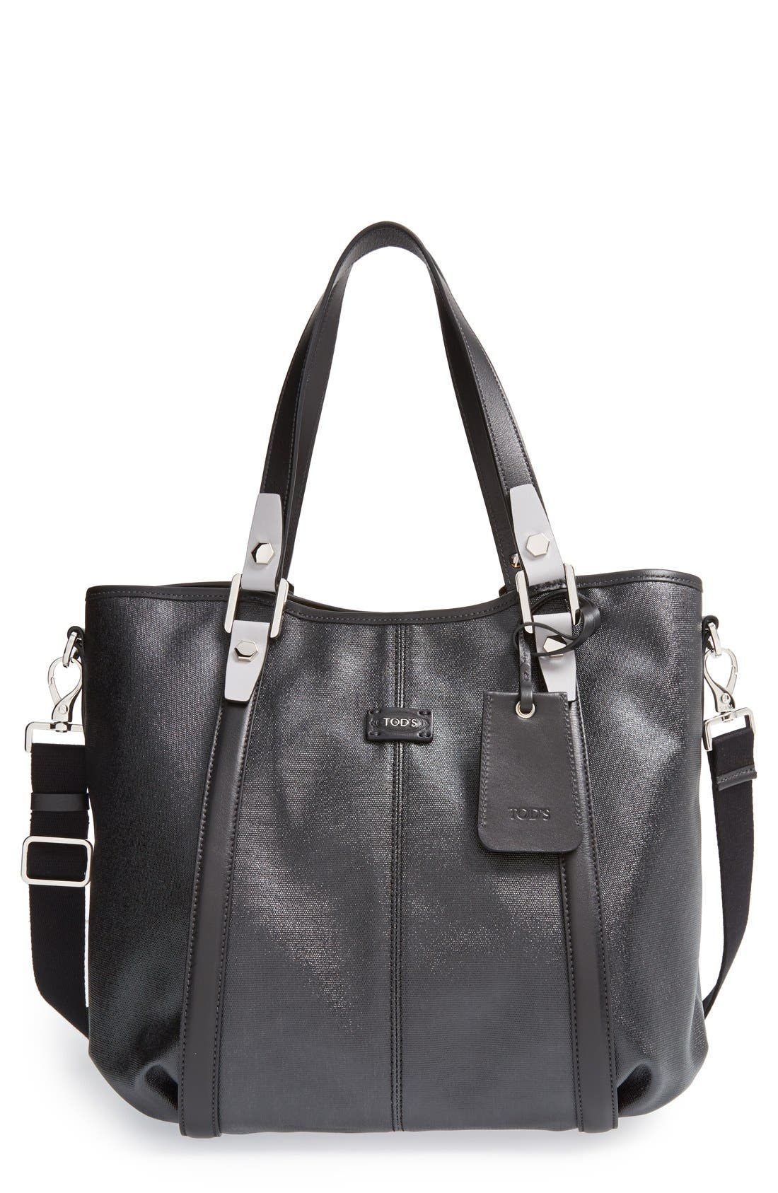 'Medium GG' Coated Canvas Shopper, Main, color, BLACK/ LIGHT BLUE GREY